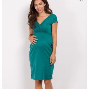 Womens maternity v neck teal green midi dress
